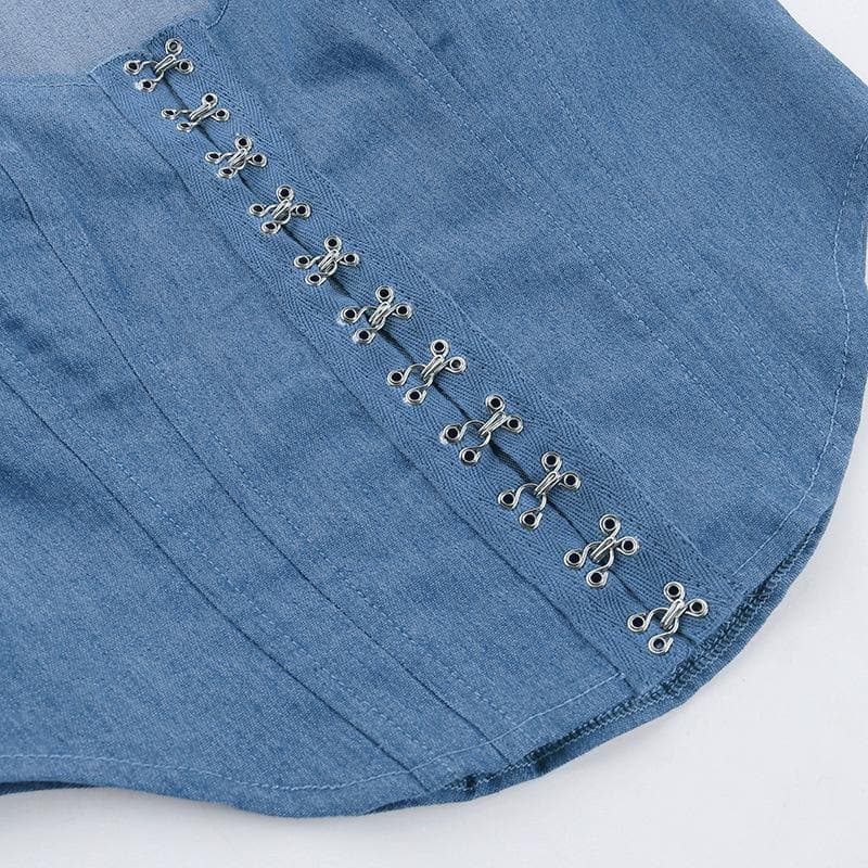 Hollow out button sleeveless corset low cut denim cut out top