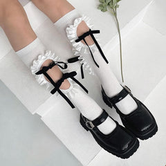 Hollow out bowknot ruffle irregular knee high socks