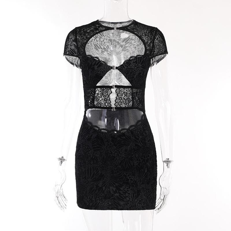 Button short sleeve hollow out textured mini dress