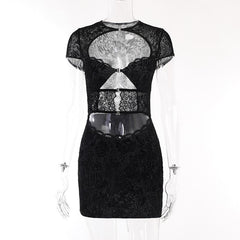 Button short sleeve hollow out textured mini dress