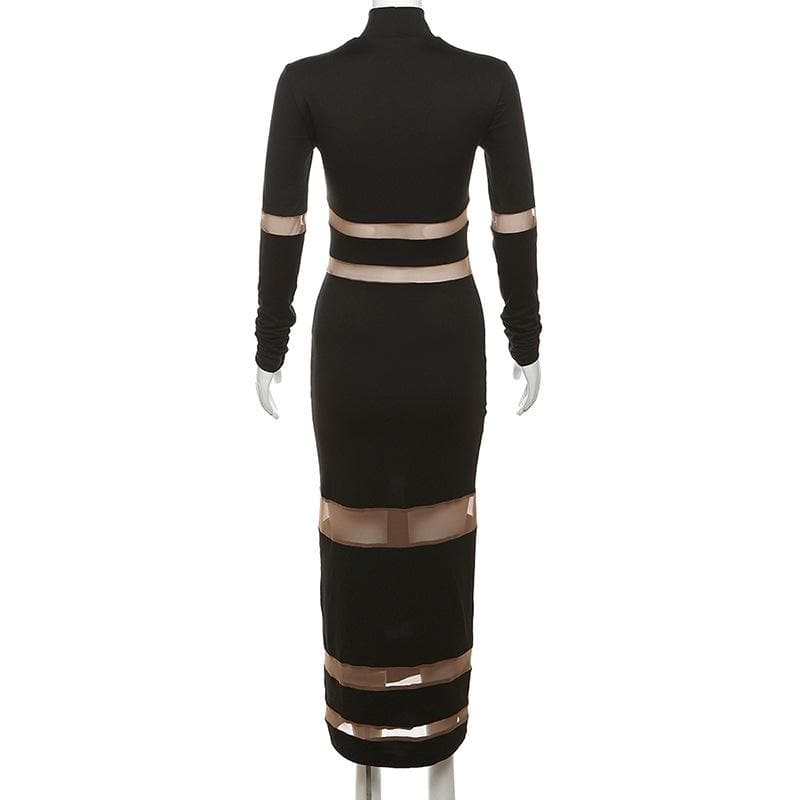 Patchwork mesh contrast long sleeve high neck maxi dress