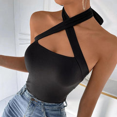 Cross front self tie hollow out solid ribbed cut out top