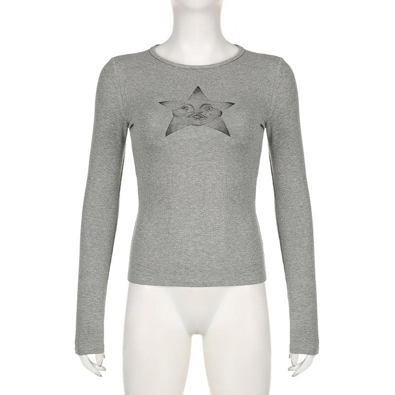 Star pattern long sleeve crewneck contrast top