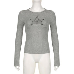 Star pattern long sleeve crewneck contrast top