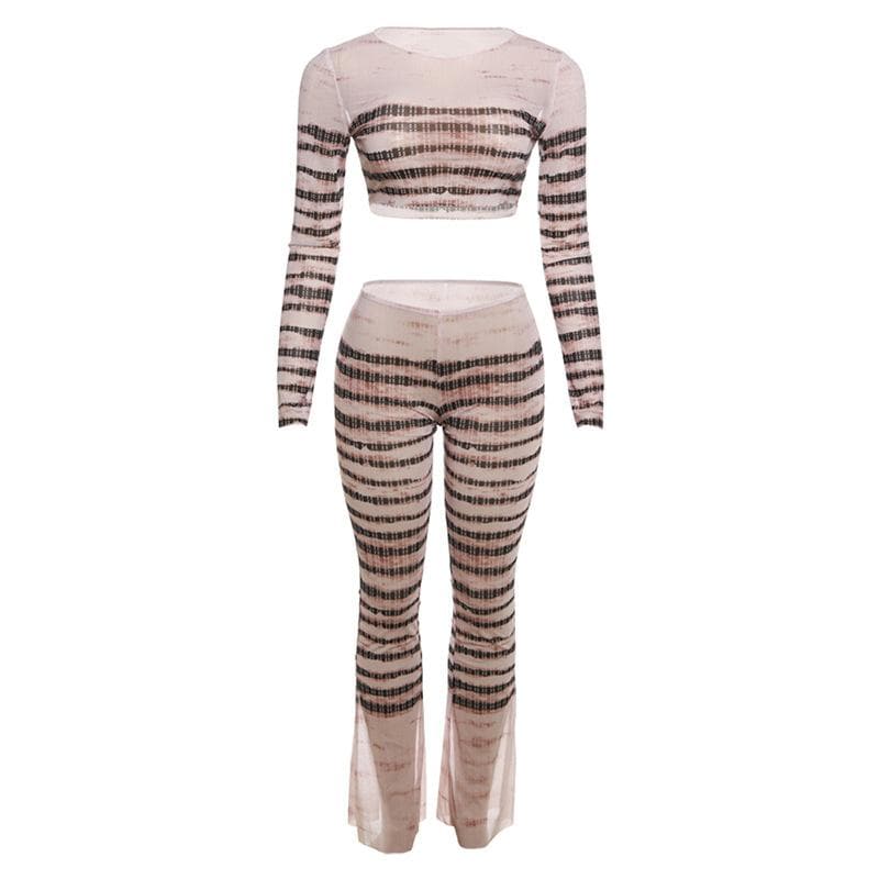 Sheer mesh striped see through long sleeve contrast pant set