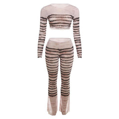 Sheer mesh striped see through long sleeve contrast pant set
