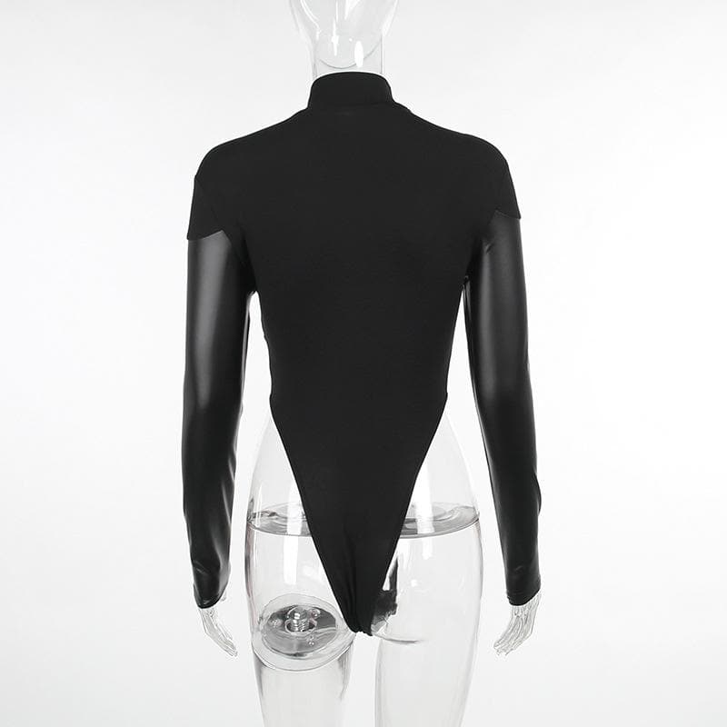 Patchwork high neck long sleeve PU leather bodysuit