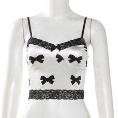 Bowknot print sweetheart neck lace hem velvet cami top