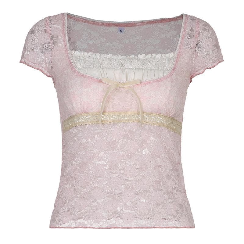 Square neck lace ruffled short sleeve bowknot top