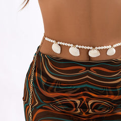 Seashell pendant faux pearl beaded waist chain