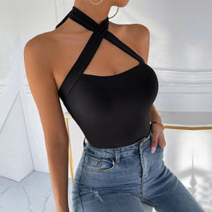 Cross front self tie hollow out solid ribbed cut out top
