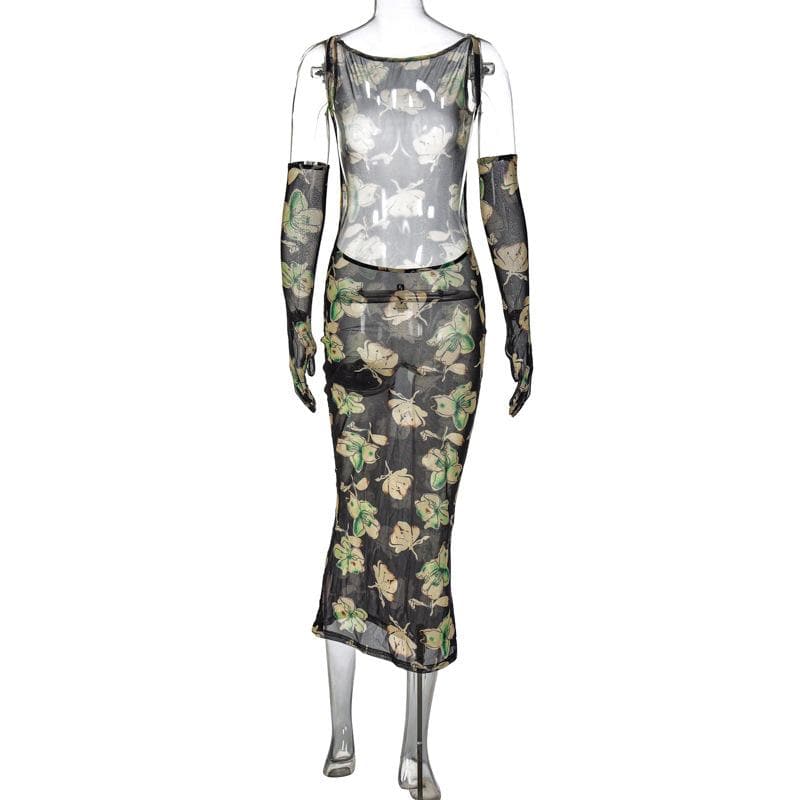 Sheer mesh sleeveless gloves backless flower pattern midi dress