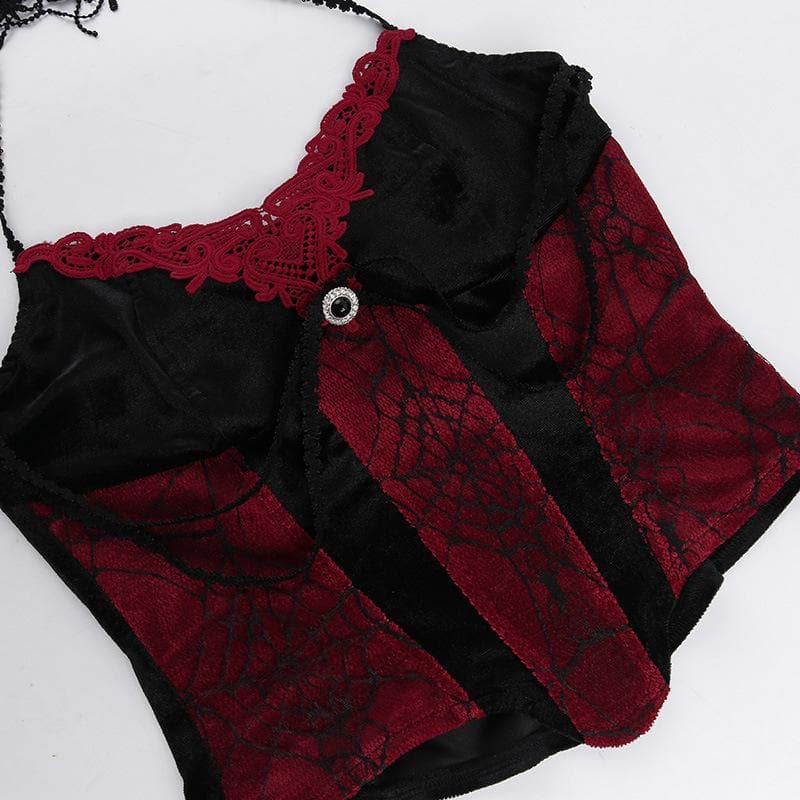 Contrast lace hem halter backless velvet corset top