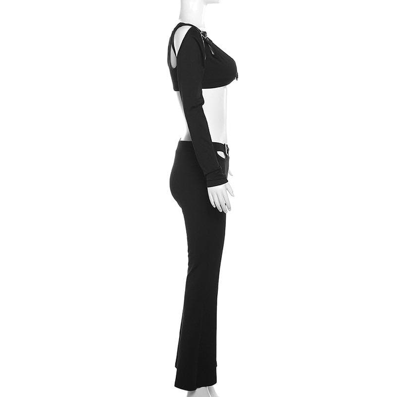 Buckle hollow out solid long sleeve backless v neck pant set