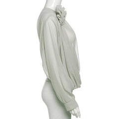 Chiffon flower applique see through off shoulder long sleeve ruched top