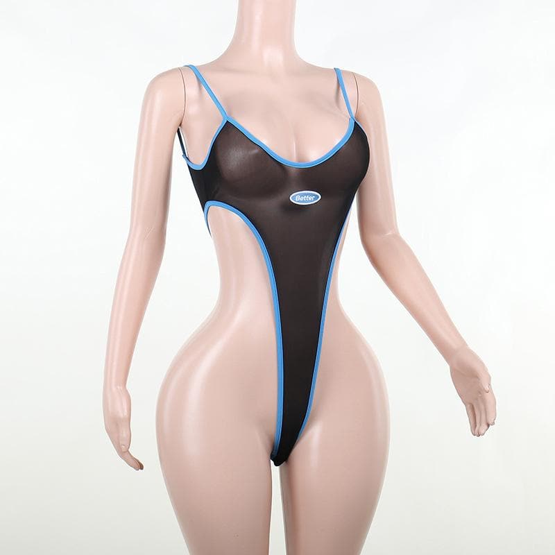 Backless u neck sheer mesh see through contrast cami bodysuit