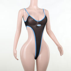 Backless u neck sheer mesh see through contrast cami bodysuit