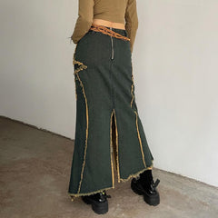 Contrast slit raw hem pentagram pattern irregular zip-up midi skirt