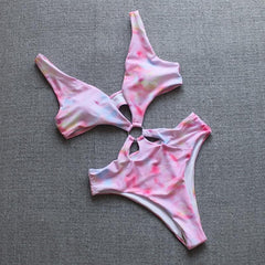 V neck hollow out tie dyed swimwear bikini