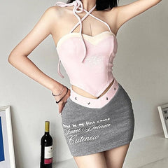 Sweetheart neck contrast halter backless mini skirt set