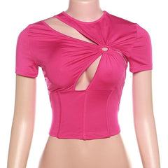 Short sleeve crewneck ruched hollow out corset cut out top