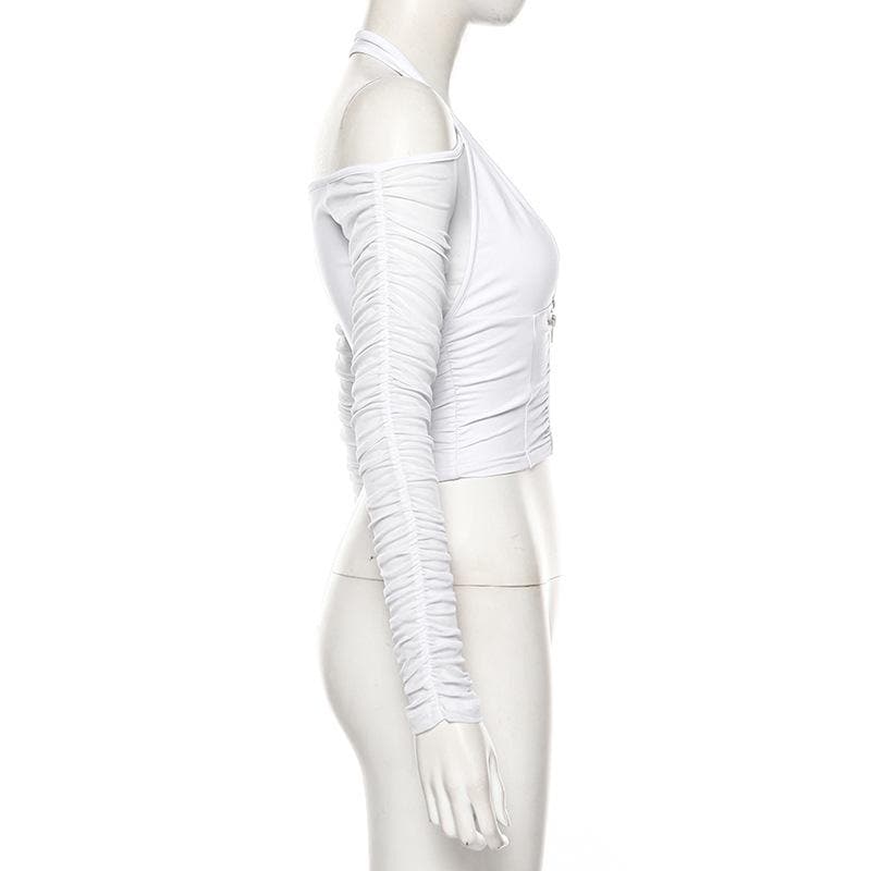Off shoulder solid long sleeve mesh halter zip-up low cut crop top