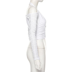 Off shoulder solid long sleeve mesh halter zip-up low cut crop top