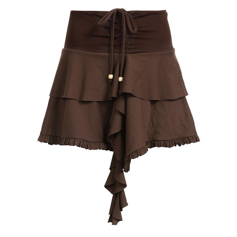 Drawstring ruffle patchwork A line mini skirt