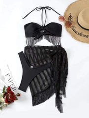 Solid halter mesh self tie ribbon 3 piece swimwear