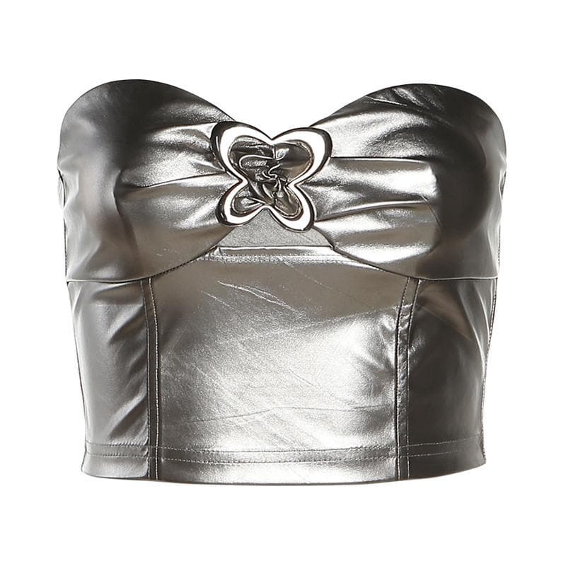 Solid metallic sleeveless zip-up hollow out buckle tube cut out top