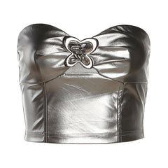 Solid metallic sleeveless zip-up hollow out buckle tube cut out top