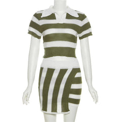 Irregular turnover collar short sleeve striped knitted mini skirt set