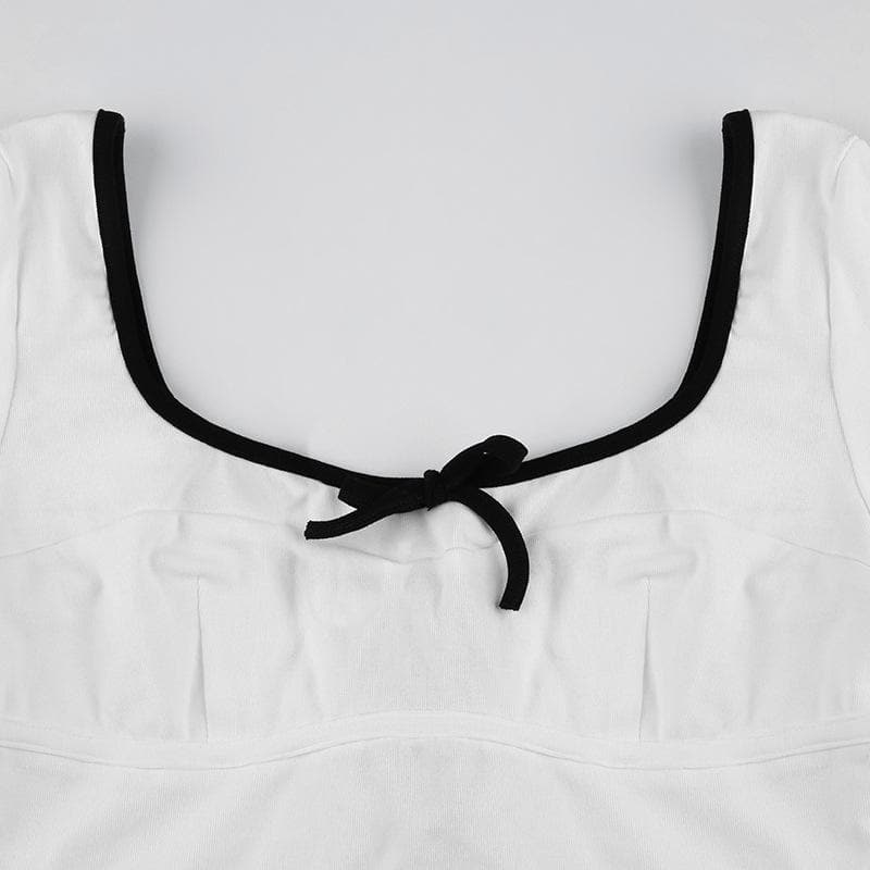 Square neck bowknot contrast long sleeve crop top