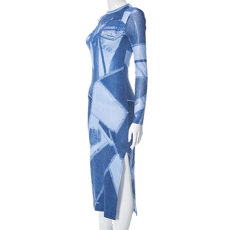 Denim print long sleeve contrast crewneck slit midi dress