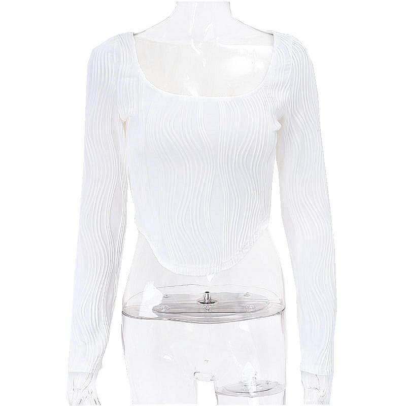 Textured u neck solid long sleeve corset crop top