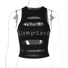 Sleeveless crewneck hollow out beaded contrast crop cut out top