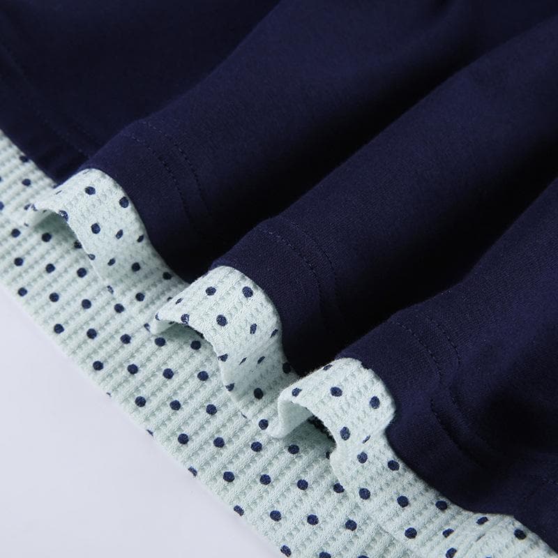 Polka dot patchwork long sleeve lace hem button top