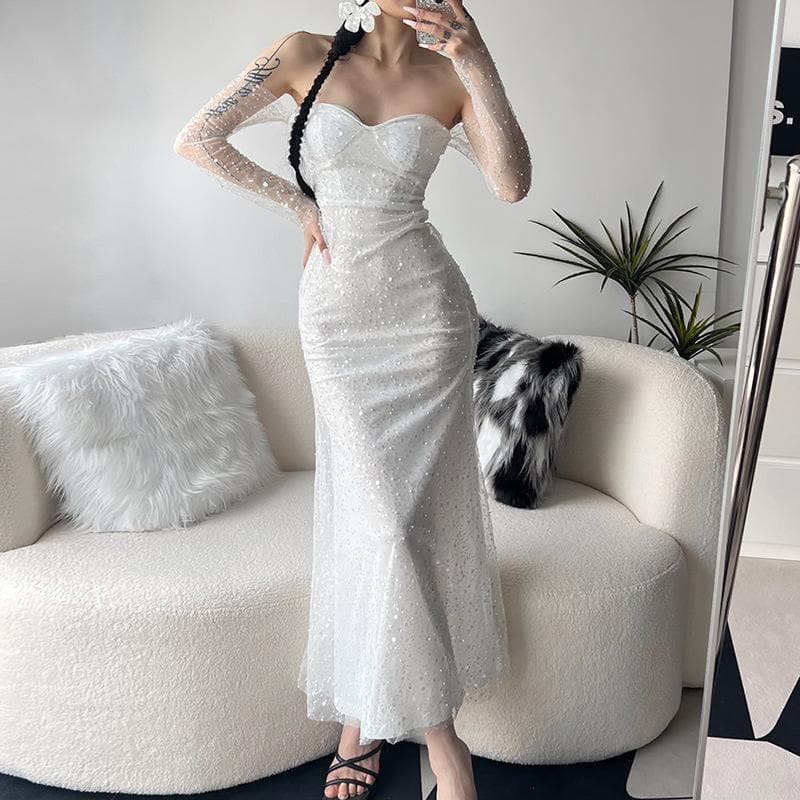 Backless glitter sweetheart neck zip-up long sleeve tube maxi dress