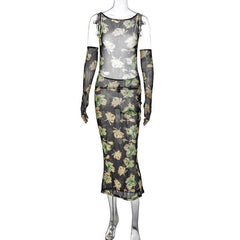 Sheer mesh sleeveless gloves backless flower pattern midi dress