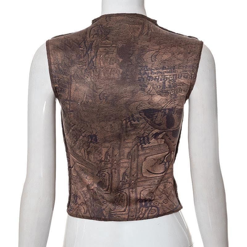 Stitch abstract print sleeveless hollow out o ring crop cut out top
