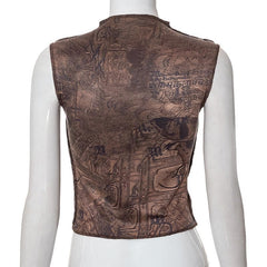 Stitch abstract print sleeveless hollow out o ring crop cut out top