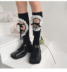 Hollow out bowknot ruffle irregular knee high socks