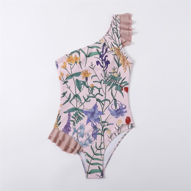 One shoulder ruffle contrast irregular one piece swimwear