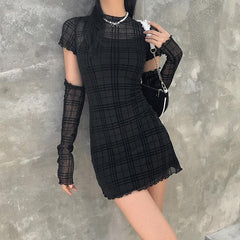 Ruffled mesh plaid long sleeve dress