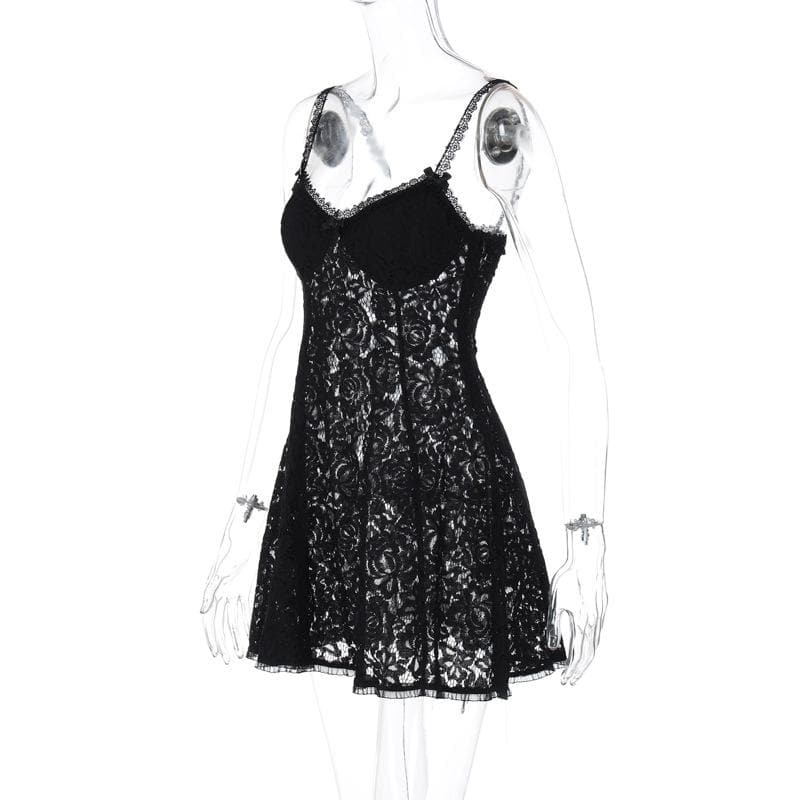Backless v neck lace see through zip-up solid mini dress