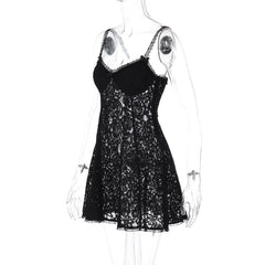 Backless v neck lace see through zip-up solid mini dress