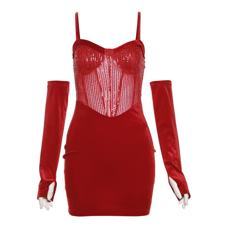 Sweetheart neck gloves velvet glitter mesh patchwork cami dress
