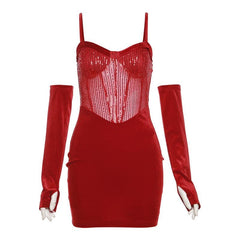 Sweetheart neck gloves velvet glitter mesh patchwork cami dress