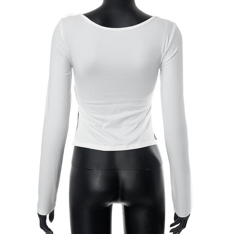Square neck ruched long sleeve slit solid top