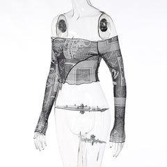 Sheer mesh see through off shoulder stitch contrast crop top